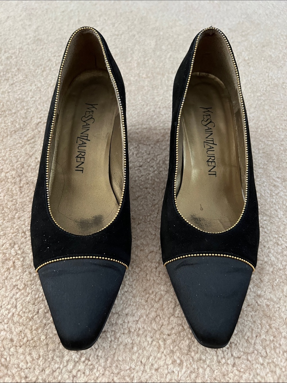 Yves Saint Laurent Black Pointed Toe Suede and Satin Pumps with Gold Trim
